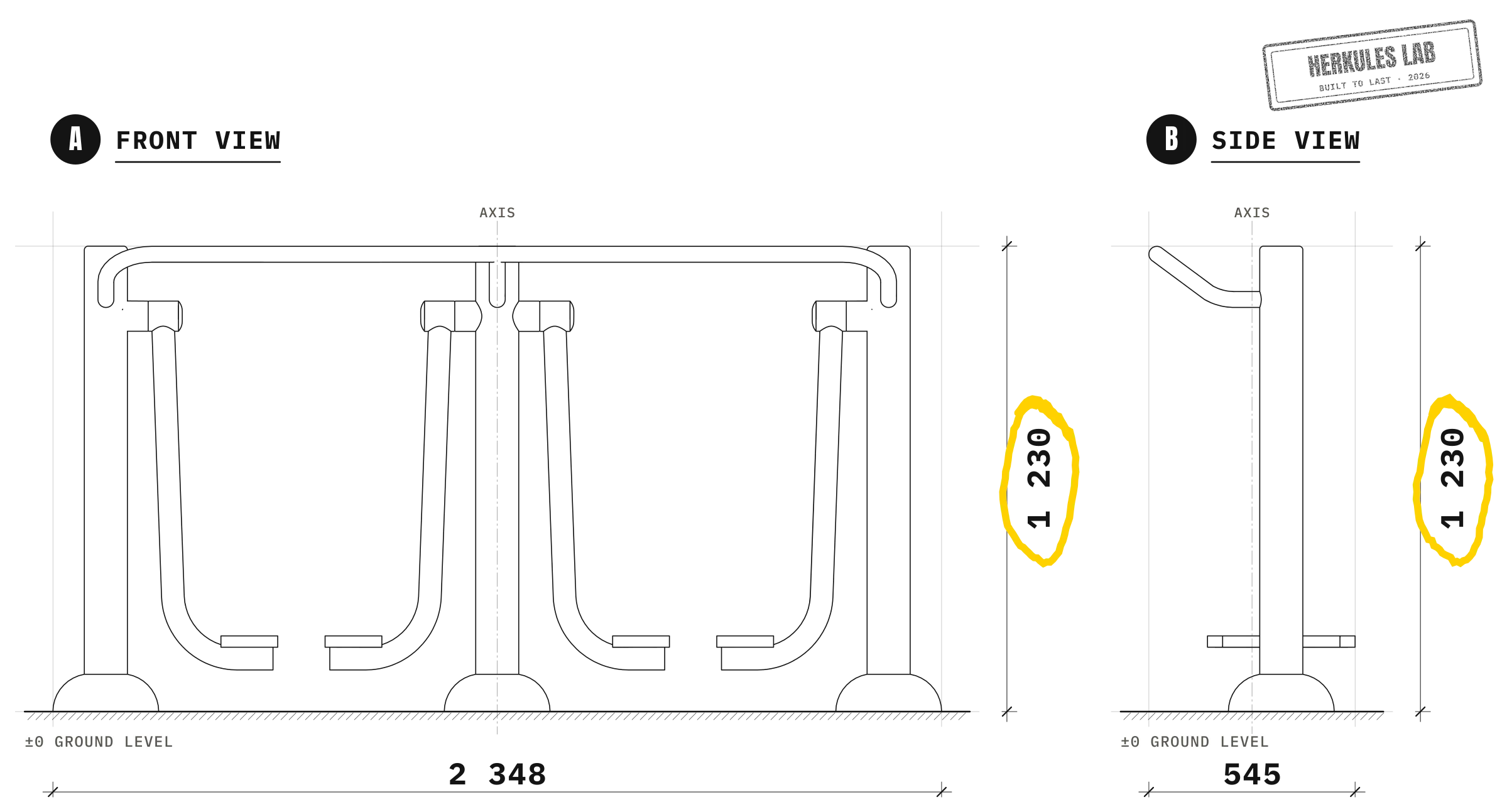 Double Walker - Stainless steel fitness equipment — Dimensioned drawing